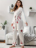 Luxurious Floral Print Satin Lounge Set for Women - Soft, Long Sleeve Robe with Belt, Comfortable Relaxed Fit Pants for Fall and Winter - Elegant, Cozy, and Warm Loungewear for Cold Weather