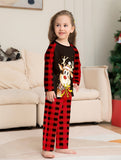 Youngsters' Cozy Christmas Pajama Set - Flame-Resistant, Cartoon Reindeer & Plaid Print, Long Sleeve Top and Pants for Boys & Girls