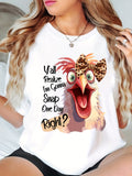 Women's Casual Round Neck T-Shirt with Leopard Print Bowtie & Chicken Graphic, Short Sleeve Tee for Spring & Summer, Sporty & Daily Wear Tops