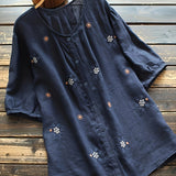 Plus Size Elegant Floral Embroidery Crew Neck Short Sleeve Blouse - Soft Slight Stretch Polyester Fabric, Weekend Casual Summer Shirting for Oversized Women - Positioning Printing, Placket Closure, and Woven Weaving Method