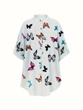 Fluttering Butterfly Print Plus Size Blouse - Stylish & Comfortable Casual Wear with Roll Tab Sleeves and Buttons - Perfect for Spring - Womens Plus Fashion