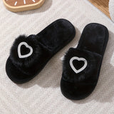 Rhinestone Heart Fluffy Home Slippers, Soft Sole Lightweight Plush Lined Bedroom Slippers, Non-slip Cozy Floor Slippers, Winter & Autumn