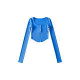 goosudu Olivia Solid Color Button Up Long Sleeve Ribbed Slim Cropped Top