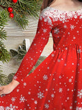 Girls' Festive Christmas Snowflake & Tree Long Sleeve Dress - Casual Fashion for Holiday Parties, Machine Washable