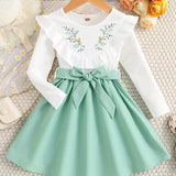 Elegant Floral Princess Dress for Girls - Chic Ruffled Design with Belt, Long Sleeves, All-Season Polyester Wear