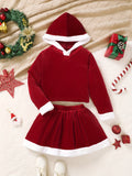 2-Piece Velvet Set, Solid Red Hooded Long Sleeve Top & Elastic Waist Skirt, Girls Christmas Party Outfit