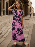 Girls Elegant Flowy Flower Print Dress - Stylish & Comfortable for Summer Holidays - Long, Loose & Short Sleeve