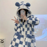 Cozy Plaid Bear Hooded Robe - Soft Flannel Wearable Blanket with Long Sleeves, Perfect for Fall & Winter | Machine Washable