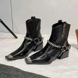 Autumn And Winter New Square Head Chunky Mid-Heel Metal Chain Short Tube Women's Knight Boots Kq8