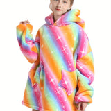 Girls Rainbow Stripe Oversized Hooded Blanket Sweatshirt - Super Soft & Cozy Pullover, Durable & Fashionable - Ideal Gift for ages 5-15, All-Season Comfort