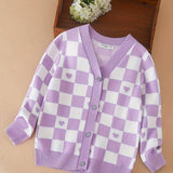 KUYIXIONG Chic Checkered V-Neck Knit Cardigan Sweater - Soft, Cozy, and Versatile Button-up Jacket for Girls - Perfect for Autumn and Winter Casual Wear, Everyday Outings, and Layering Under Coats