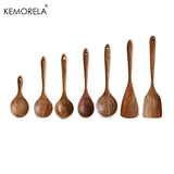 4pcs/7pcs Thailand Teak Natural Wood Tableware Spoon Ladle Turner Long Rice Colander Soup Skimmer Cooking Spoons Scoop Kitchen Tool Set