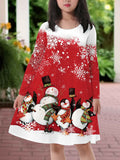 Adorable Snowman 3D Print Long Sleeve Dress for Girls - Perfect for Holiday season, Cozy & Stretchy Polyester Blend, Machine Washable - Fall/Winter Collection