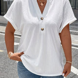 Plus Size Solid Textured T-Shirt, Casual V Neck Short Sleeve T-Shirt, Women's Plus Size Clothing