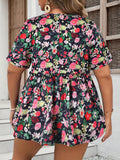 Plus Size Womens Floral Print Tunic Blouse - Soft Slight Stretch Polyester Fabric, Crew Neck, Ruched Short Sleeve, Geometric Pattern, Random Printing, Perfect for Vacation and Summer - Easy to Wear and Care