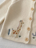 Adorable Baby Girl's Embroidered Cardigan - Soft Knitted Coat with Fun Giraffe and Elephant Graphic Print, Casual Comfortable Wear for Daily Life and Outdoor Activities in Spring and Autumn Seasons