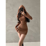 goosudu Riley Solid Color Hooded Long Sleeve Slim Ruched Mini Dress