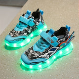 Boys Color Block LED Sneakers with Hook & Loop - USB Charging, Chunky Luminescent Soles, Trendy Retro Style, Ultra Comfortable