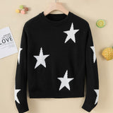 1pc Cozy Stars Pattern Crew Neck Sweater for Girls - Soft Casual Knit Pullover Jumper Top for Winter Fall Season - Girls' Warm and Comfortable Clothing for School Daily Wear