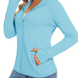 Long Sleeve Sun Protection Hoodie - Quick Drying, Breathable, Soft, Skin Friendly, Full Zipper, Pocket, High Stretch Polyester - Perfect for Outdoor Sports, Fitness, Hiking, Jogging, Beach, Travel, and Daily Activities