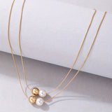 Personality Geometric Alloy Fine Chain Faux Pearl Beads Pendant Ladies Double Layer Necklace Clavicle Chain