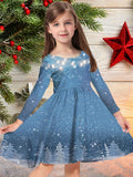 Girls' Festive Christmas Snowflake & Tree Long Sleeve Dress - Casual Fashion for Holiday Parties, Machine Washable