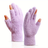 Open Fingers Plush Gloves Solid Color Plus Velvet Thickened Warm Gloves Convenient Touch Screen Gloves Women's Winter Coldproof Writing Gloves