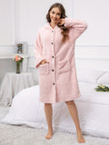 Casual Solid Fleece Night Robe, Long Sleeve Hooded Thickened Robe With Pockets, Women's Sleepwear & Dresses