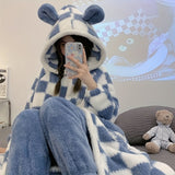 Cozy Plaid Bear Hooded Robe - Soft Flannel Wearable Blanket with Long Sleeves, Perfect for Fall & Winter | Machine Washable