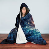 Contemporary Starry Galaxy Wearable Blanket with Hood – Soft Warm Flannel Throw Cape for Sofa, Home, Office, Nap, Air Conditioning, Travel, Camping – Digital Print Polyester Hooded Blanket with Convenient Button – Machine Washable, Knitted Craftsmanship,