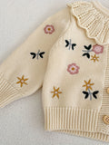 Spring And Autumn New Floral Embroidery Ruffle Collar Kids Knitted Sweater Top, Cotton Long-sleeved Baby Girl Cardigan Coat