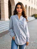 Stripe Print Button Front Blouse, Casual Long Sleeve Blouse For Spring & Fall, Women's Clothing