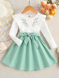 Elegant Floral Princess Dress for Girls - Chic Ruffled Design with Belt, Long Sleeves, All-Season Polyester Wear