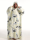 Cozy Plus Size Panda Pattern Fluffy Fleece Hooded Wearable TV Blanket Robe - Women's Plus Flannel Loungewear with Pockets for Ultimate Relaxation and Comfort