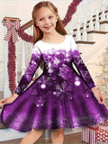 Kids' Festive Snowflake Print Long Sleeve Dress, Casual Christmas Applique Tunic, Polyester Knit Knee High with Slight Stretch, Holiday Party Knee-Length Dress for Ages 3-12