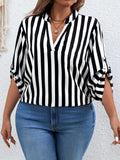 Plus Size Striped Print Blouse - Relaxed-Fit V Neck Roll Tab Sleeve Design for Everyday Comfort - Perfect for Spring, Womens Confident Clothing
