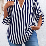 Plus Size Striped Print Blouse - Relaxed-Fit V Neck Roll Tab Sleeve Design for Everyday Comfort - Perfect for Spring, Womens Confident Clothing