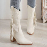 Autumn/Winter Pointy Chunky Mid-Leg Knight Boots Embroidered Totem White New Western Cowboy Boots Kq8