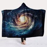 Contemporary Starry Galaxy Wearable Blanket with Hood – Soft Warm Flannel Throw Cape for Sofa, Home, Office, Nap, Air Conditioning, Travel, Camping – Digital Print Polyester Hooded Blanket with Convenient Button – Machine Washable, Knitted Craftsmanship,