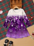 Kids' Festive Snowflake Print Long Sleeve Dress, Casual Christmas Applique Tunic, Polyester Knit Knee High with Slight Stretch, Holiday Party Knee-Length Dress for Ages 3-12
