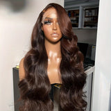 220% Density Chocolate Brown 13X4 HD Lace Front Wigs Human Hair Body Wave Wig 100% Brazilian Chestnut Color Human Hair Wig Natural 13X4 Full Edges Pre Plucked Lace Wig With Baby Hair Dark Brown Loose Wave Wig For Daily Wear