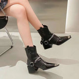 Autumn And Winter New Square Head Chunky Mid-Heel Metal Chain Short Tube Women's Knight Boots Kq8
