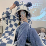 Cozy Plaid Bear Hooded Robe - Soft Flannel Wearable Blanket with Long Sleeves, Perfect for Fall & Winter | Machine Washable