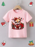 Pink Girls' Casual Cartoon Short Sleeve T-Shirt - "Alphabet Reading Deer" Print, Round Neck, Regular Fit, Polyester, Christmas Themed