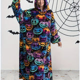 Cozy Halloween Pumpkin Fleece Hoodie - Oversized Wearable Blanket with Long Sleeves, Plus Size Available