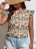 Plus Size Elegant V Neck Floral Print Blouse - Soft Slight Stretch Polyester Fabric, Short Sleeve, Pullover Design, Perfect for Weekend Casual Occasions in Spring and Summer - Oversized Fit, Woven, Random Printing, No Belt, No Sheer