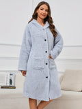 Casual Solid Fleece Night Robe, Long Sleeve Hooded Thickened Robe With Pockets, Women's Sleepwear & Dresses