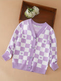 KUYIXIONG Chic Checkered V-Neck Knit Cardigan Sweater - Soft, Cozy, and Versatile Button-up Jacket for Girls - Perfect for Autumn and Winter Casual Wear, Everyday Outings, and Layering Under Coats