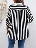 Plus Size Striped Print Blouse - Relaxed-Fit V Neck Roll Tab Sleeve Design for Everyday Comfort - Perfect for Spring, Womens Confident Clothing