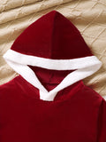 2-Piece Velvet Set, Solid Red Hooded Long Sleeve Top & Elastic Waist Skirt, Girls Christmas Party Outfit